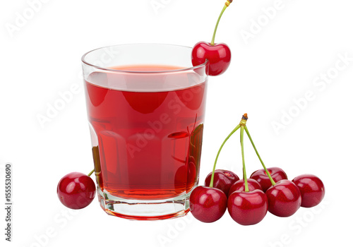 Isolated Refreshing Glass of Cherry Juice with Fresh Cherries