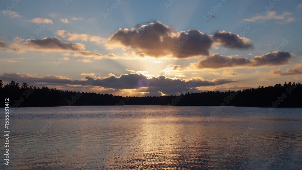 Obraz premium Serene lake view at sunset with sun rays piercing through the clouds and reflecting on the water surface.