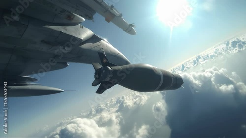 Jet fighter dropping bomb from high altitude, military strike above clouds in sunlight
