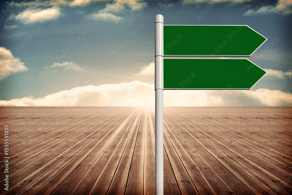 Obraz premium Displaying flat design silver signpost pointing right on wide wooden deck under glowing sunrise sky