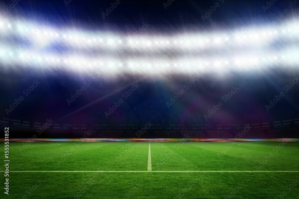 Naklejka premium Grass pitch is shining under floodlights in stadium, with white field lines and advertising boards