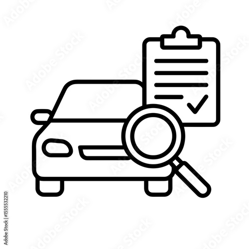 Car inspection icon with checklist and magnifier – outline
