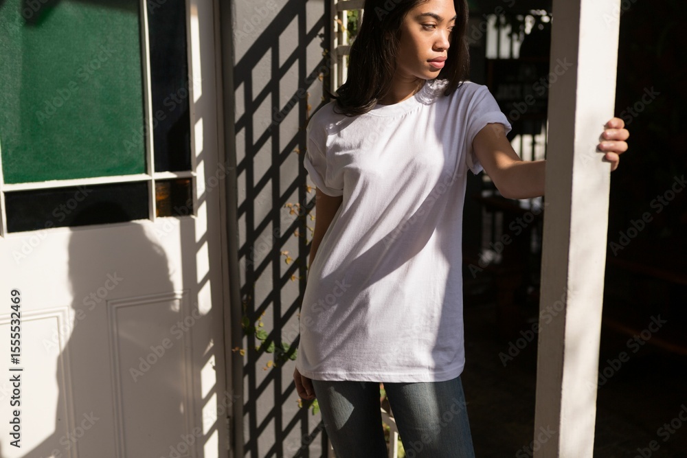 Naklejka premium Flat illustration showing woman standing in doorway casting lattice shadows over door and vine