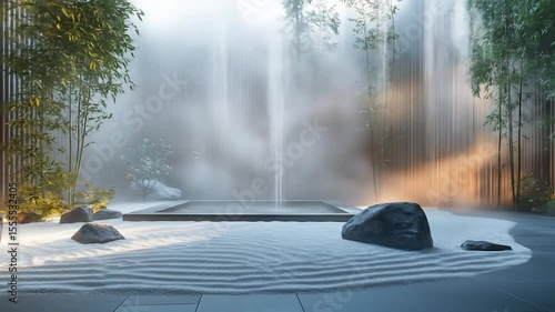 Zen Garden Water Feature with Bamboo and Sand Ripples in a Tranquil Setting