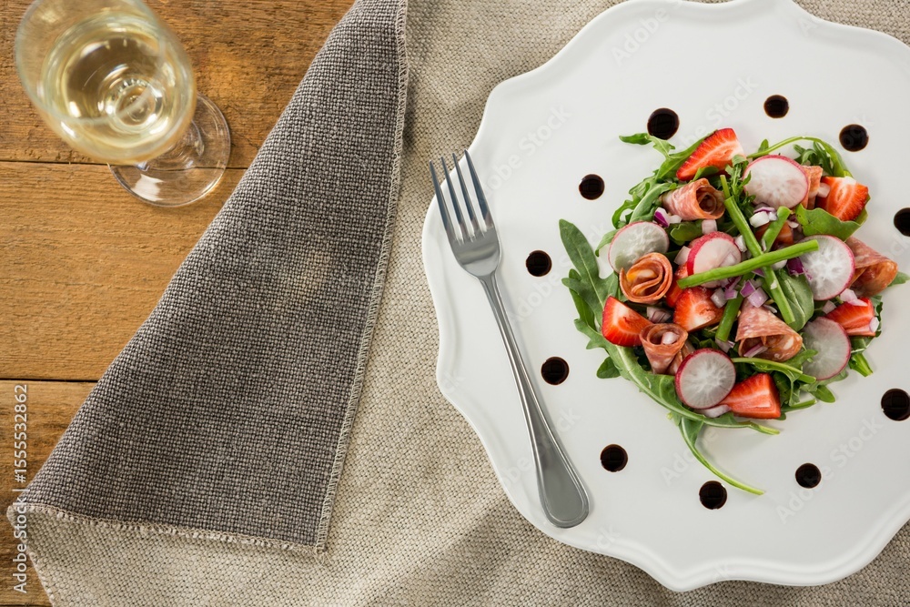 Fototapete Alkohol - Fresh food with wine served on wooden table #1555532862