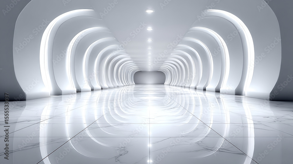Fototapeta premium Modern Gallery Art Interior with White Marble and Walls Floor concept. Futuristic white hallway with arched lights, glossy marble floor and high ceiling symmetry