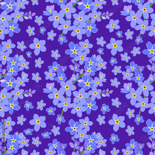Seamless Pattern with Blue Forget-Me-Not Flowers on Purple Background – Vibrant Botanical Floral Design, Tiny Blooming Petals, Romantic Spring Garden Texture for Fabric, Wallpaper, and Decorative 