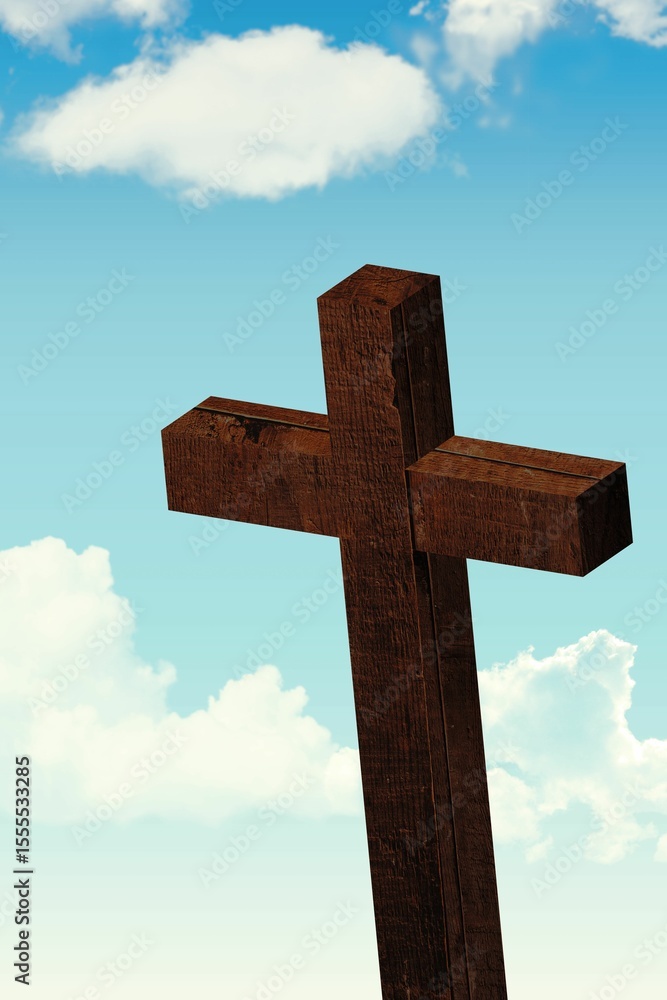 Flat design wooden Latin cross is standing against clear blue sky with scattered white clouds Flat design wooden Latin cross is standing against clear blue sky with scattered white clouds