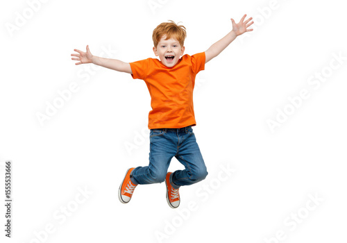 Isolated Joyful Redhead Boy Jumping High