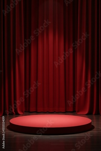 Red stage podium with dark red curtains