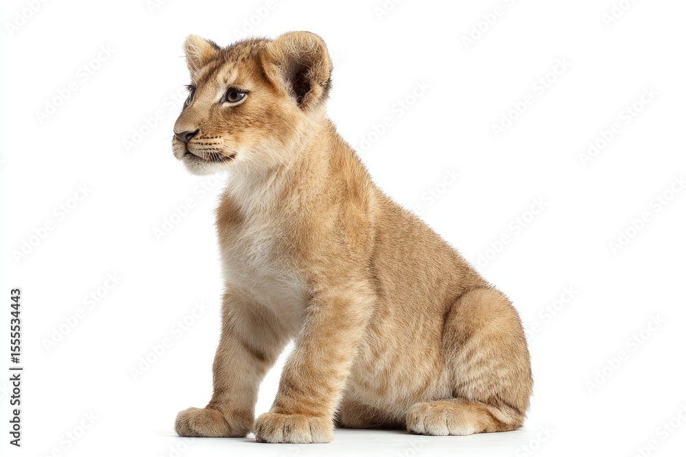 Obraz premium Lion cub sitting light fur looking left clear background