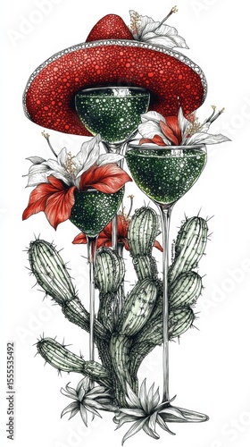 A Mexican Independence Day cocktail party card design. Three tequila glasses, sombrero and cactus 