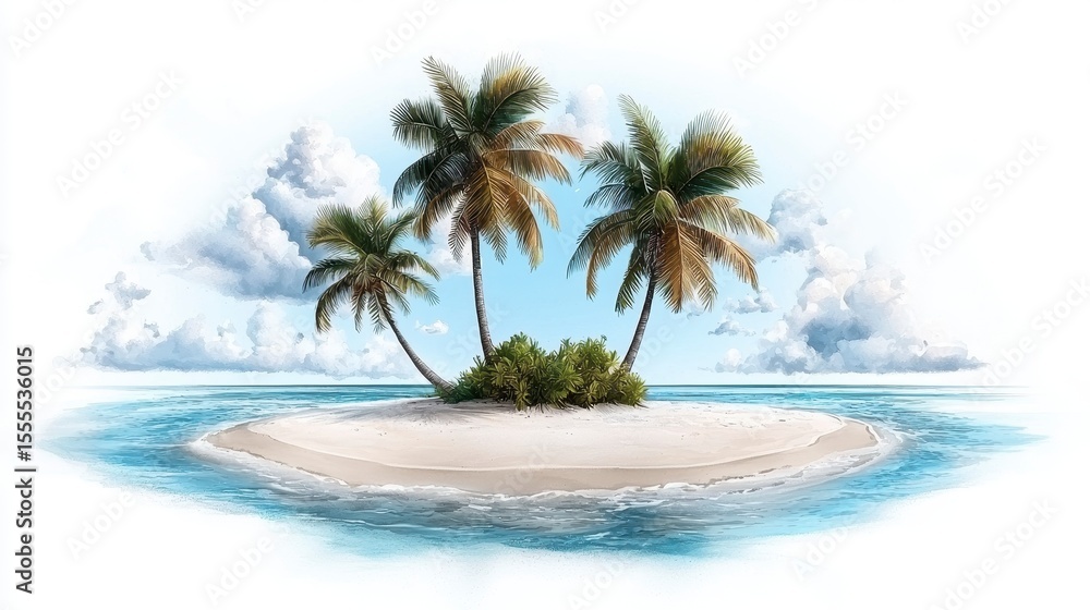 Fototapeta premium Tropical Island Paradise with Palm Trees and Clear Blue Waters under a Bright Sky