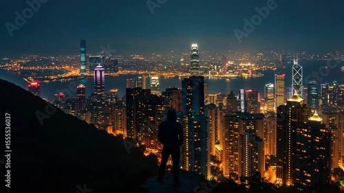 Wallpaper Mural Stunning skyline view of Hong Kong at night from a mountain top with a silhouette of a person overlooking the city lights Torontodigital.ca