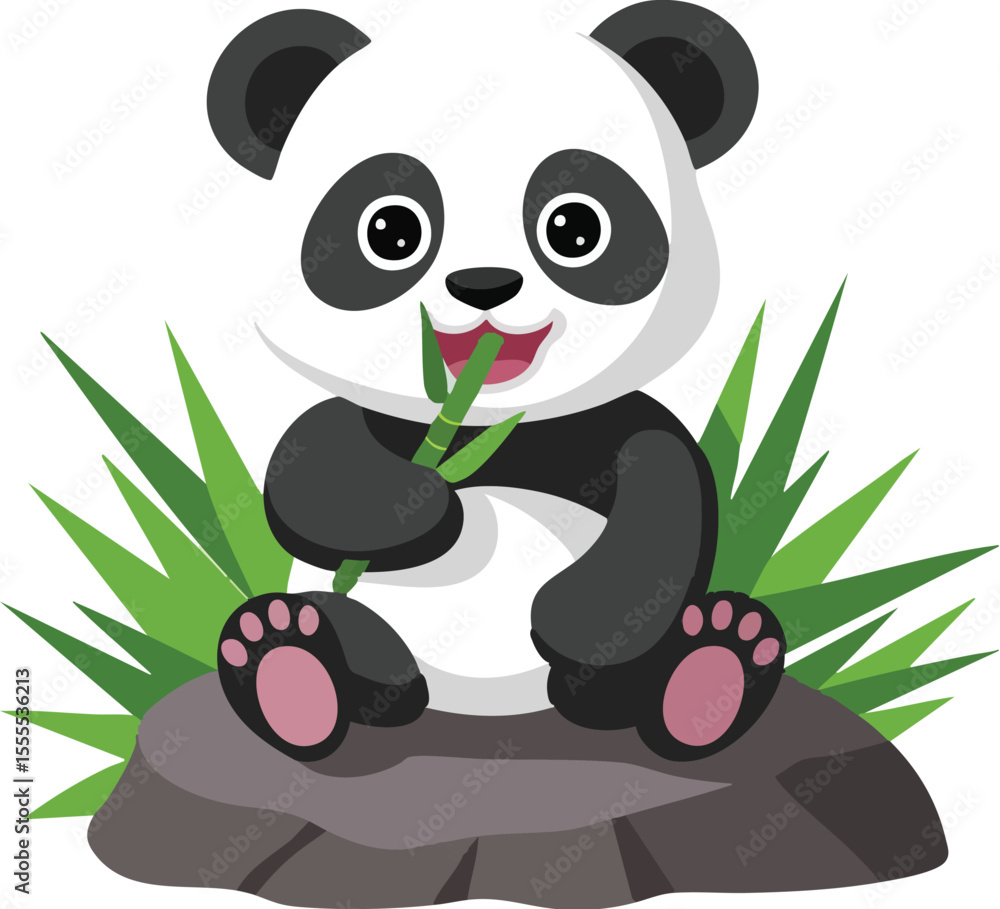 Obraz premium Cute Cartoon Panda Eating Bamboo Vector Icon