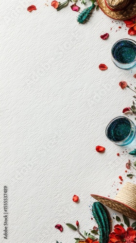 A Mexican Independence Day cocktail party card design. Three tequila glasses, sombrero and cactus 