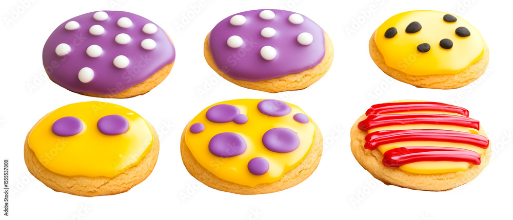 Fototapeta premium Delightful assortment of frosted cookies in yellow, purple, and red, showcasing playful polka dot designs against a clean transparent background.