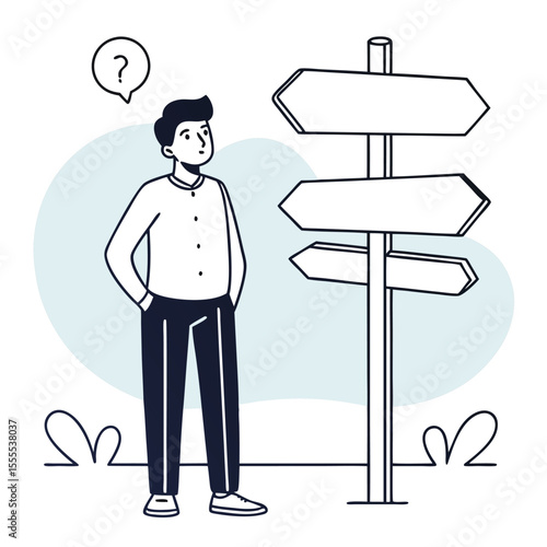Black and white drawing shows a confused man standing by a blank signpost