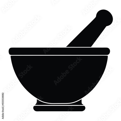 Black silhouette depicts a simple mortar with pestle in minimalist style against white background