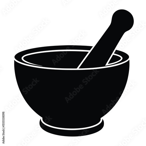 Black silhouette shows a mortar and pestle for grinding herbs and spices