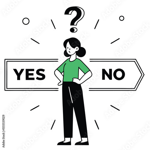 Confused woman ponders yes and no choices with a question mark above, transparent background
