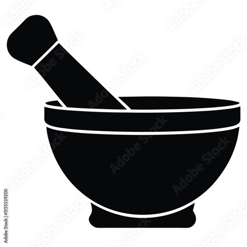 Isolated silhouette depicts mortar with pestle, simple black form against a transparent backdrop