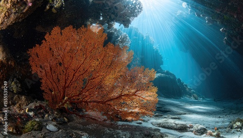 Underwater coral cave with vibrant sea fan
