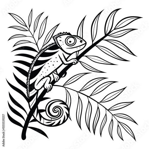 Line art depicts a chameleon sitting on a tropical leafy branch isolated against white