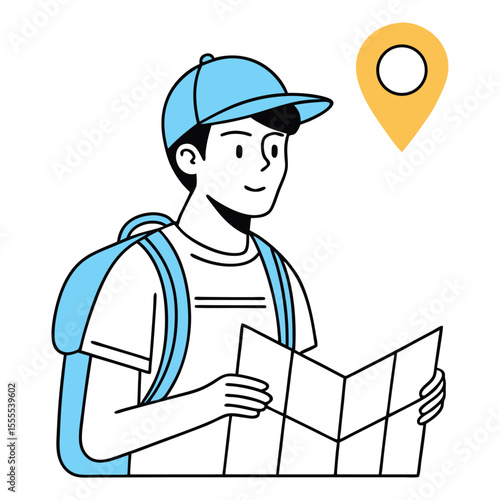 Smiling traveler with a map looks for direction near a pin location in town
