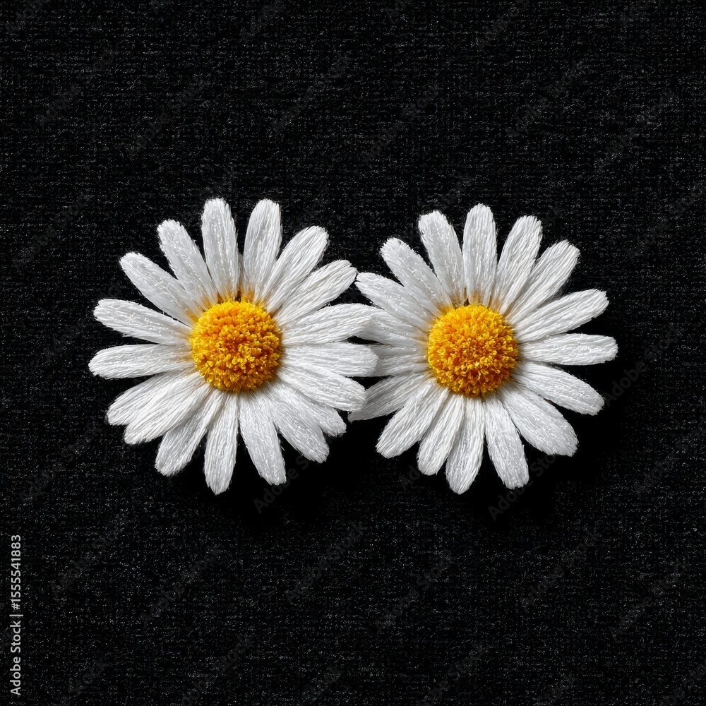 Obraz premium Two Elegant Daisies on Deep Black Fabric: A Study in Contrast and Floral Beauty, minimal composition.