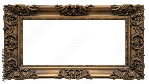 A detailed goldcolored ornate frame with a rectangular white space in the center