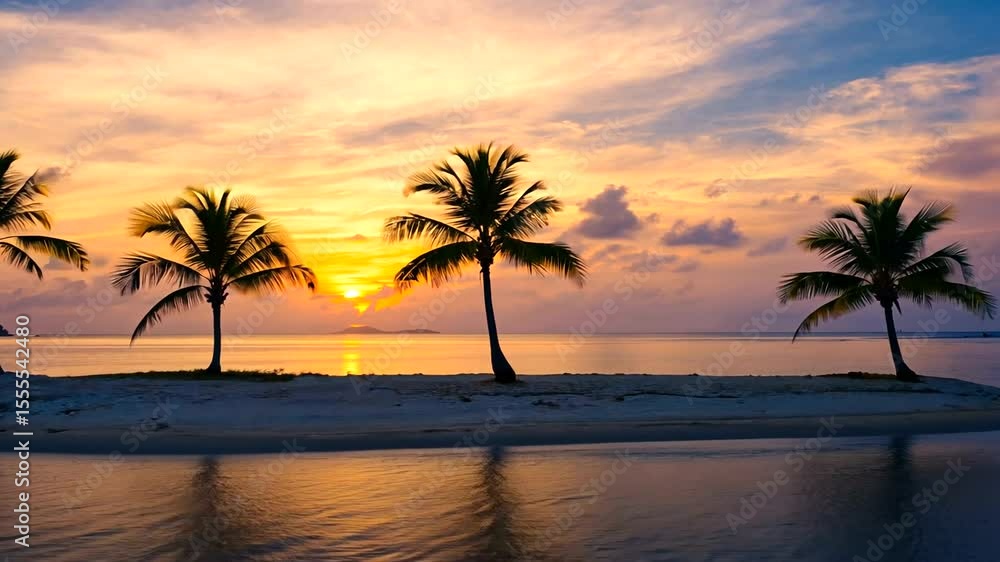 Serene sunset over a tranquil beach with silhouetted palm trees reflecting on water Serene sunset over a tranquil beach with silhouetted palm trees reflecting on water