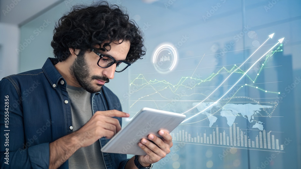 Obraz premium Man Analyzing Business Data on Tablet, Digital Charts Displaying Growth and Market Trends