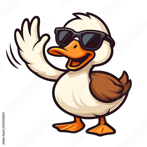 Cool cartoon duck with sunglasses cheerfully waving hello.