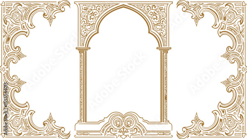 Ornate goldcolored border frame featuring archway and corner designs with elaborate swirling details