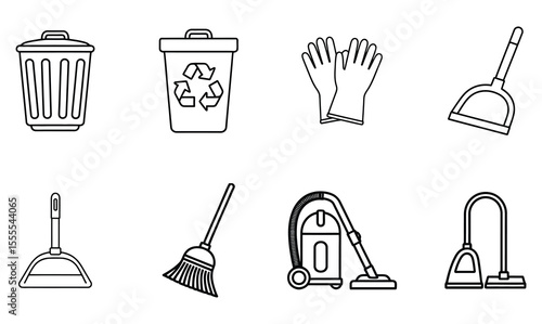 Cleaning Supplies Outline Icons: Trash Can, Recycle Bin, Gloves, Broom, Vacuum
