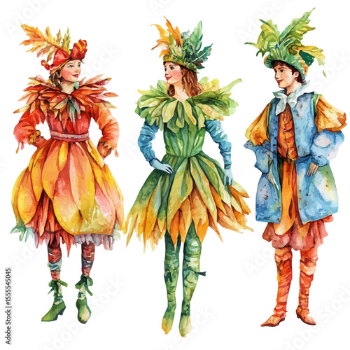 watercolor vector of Fall Parade Colorful Costumes, isolated on a white background.