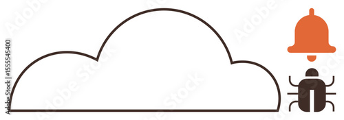 Cloud outline, bug icon, and notification bell illustrating cybersecurity warning, system alert, or software monitoring. Ideal for cloud computing, data security, app development, debugging