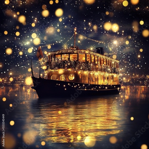 Illuminated river boat at night