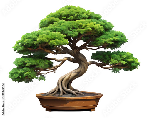 vector of a miniature bonsai tree with trimmed foliage and twisting trunk in shallow pot, isolated on white background
