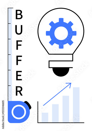 Lightbulb with gear, buffer gauge, and upward growth chart indicating innovation, efficiency, and progress. Ideal for productivity, success, planning, technology analytics strategy simple flat