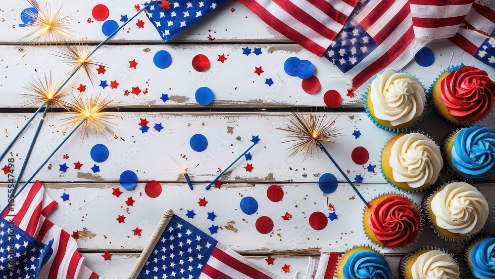 Obraz premium Patriotic celebration with american flags cupcakes sparklers and confetti on a white wooden surface