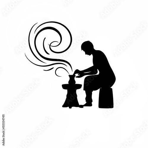 Silhouette of a potter shaping clay on a wheel on white background
