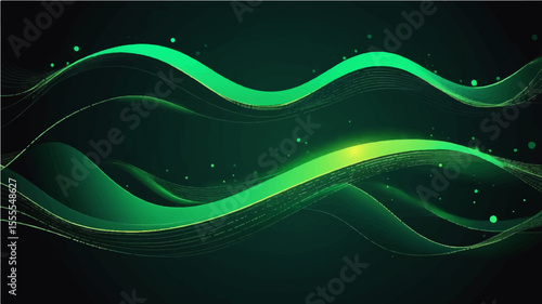 Green abstract wave background with flowing curves and light effects in a modern vector style