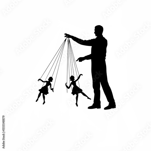 Silhouette of a puppeteer controlling marionettes on white background
