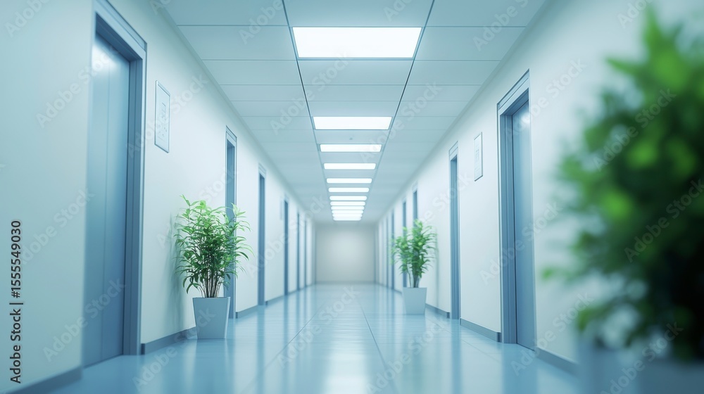 Modern, bright hospital corridor with plants and doors. Modern, bright hospital corridor with plants and doors.