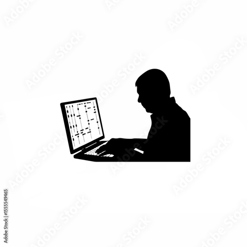Silhouette of a researcher analyzing ancient DNA sequences on a computer on white background