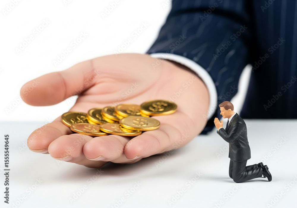 Fototapeta premium Businessman figure gives man a gold coin. Financial concept of borrowing money.