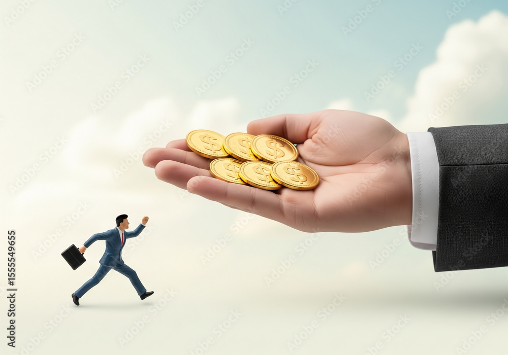 Fototapeta premium Businessman figure gives man a gold coin. Financial concept of borrowing money.