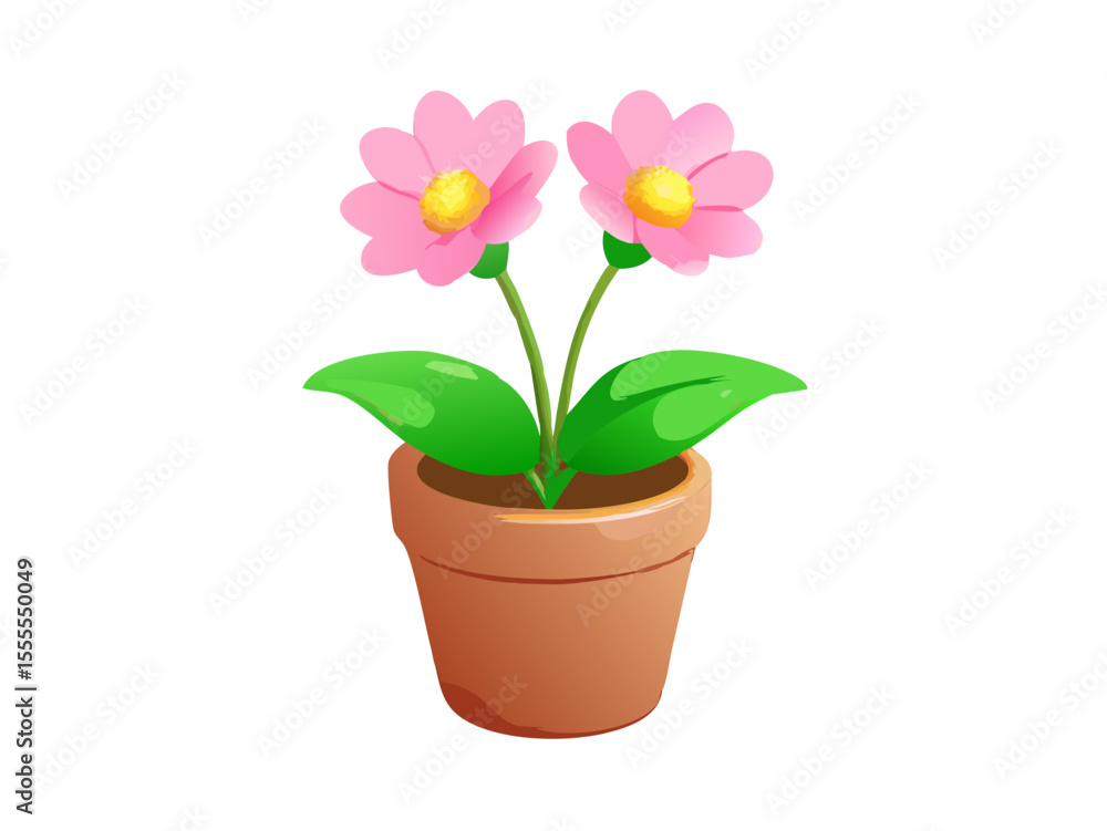 Charming cartoon illustration of two pink flowers with green leaves in a terracotta pot, perfect for nature, gardening, and spring themes. Charming cartoon illustration of two pink flowers with green leaves in a terracotta pot, perfect for nature, gardening, and spring themes.
